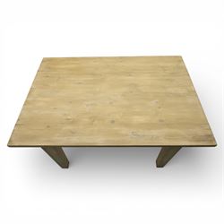20th century washed pine table, plank top above a single frieze drawer, square tapered supports