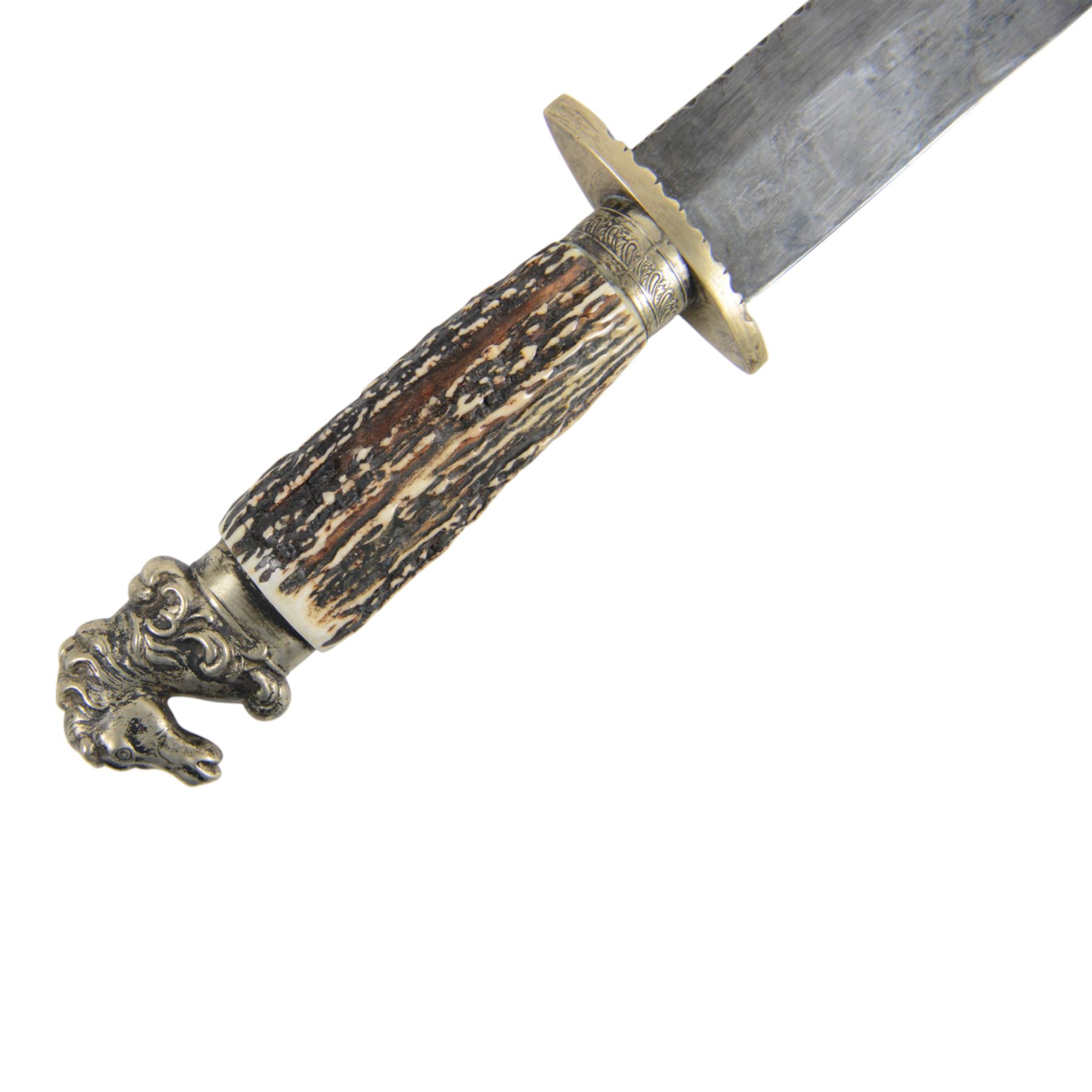 Fred W James Sheffield bowie knife, the 24cm blade engraved 'The United States the Land of the Free and the Home of the Brave..', stag handle, pommel in the form of a horse's head, with leather sheath, L42cm
The pommel motif is a classic bowie fitting, the book Tweedale, G: The Sheffield Knife book has an illustrated example on p87