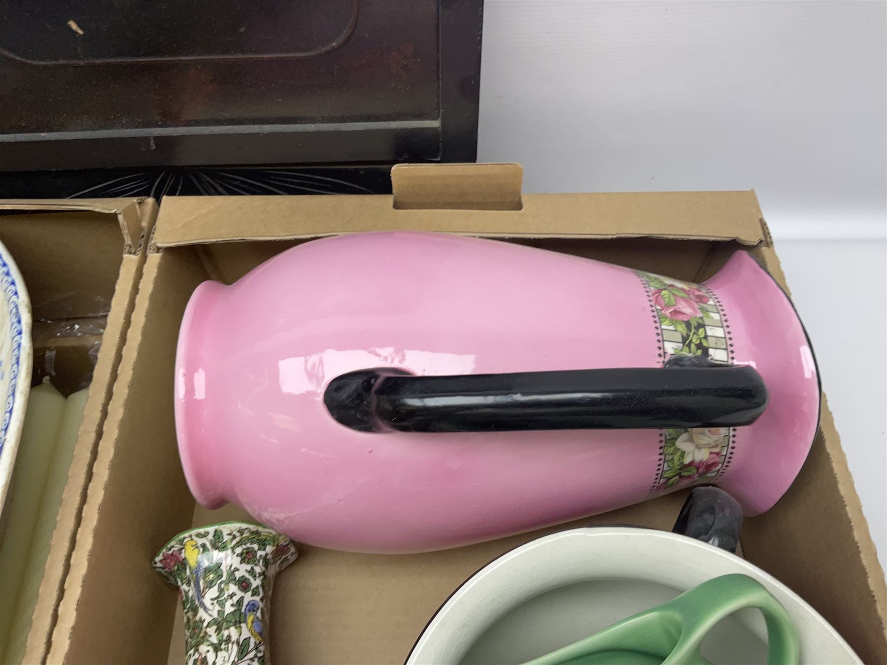 Blue and white meat platter and a similar blue and white meat draining plate, together with a pink ceramic floral jug and bowl, three packs of church candles and a wooden screen, etc 
