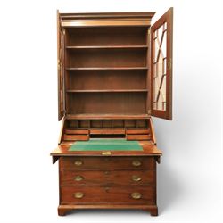 George III mahogany bureau bookcase, with projecting cornice top with dentil detail, astragal glazed cabinet enclosing fixed shelves, the lower section with fall front writing surface, fitted interior above four graduated drawers, raised on bracket feet