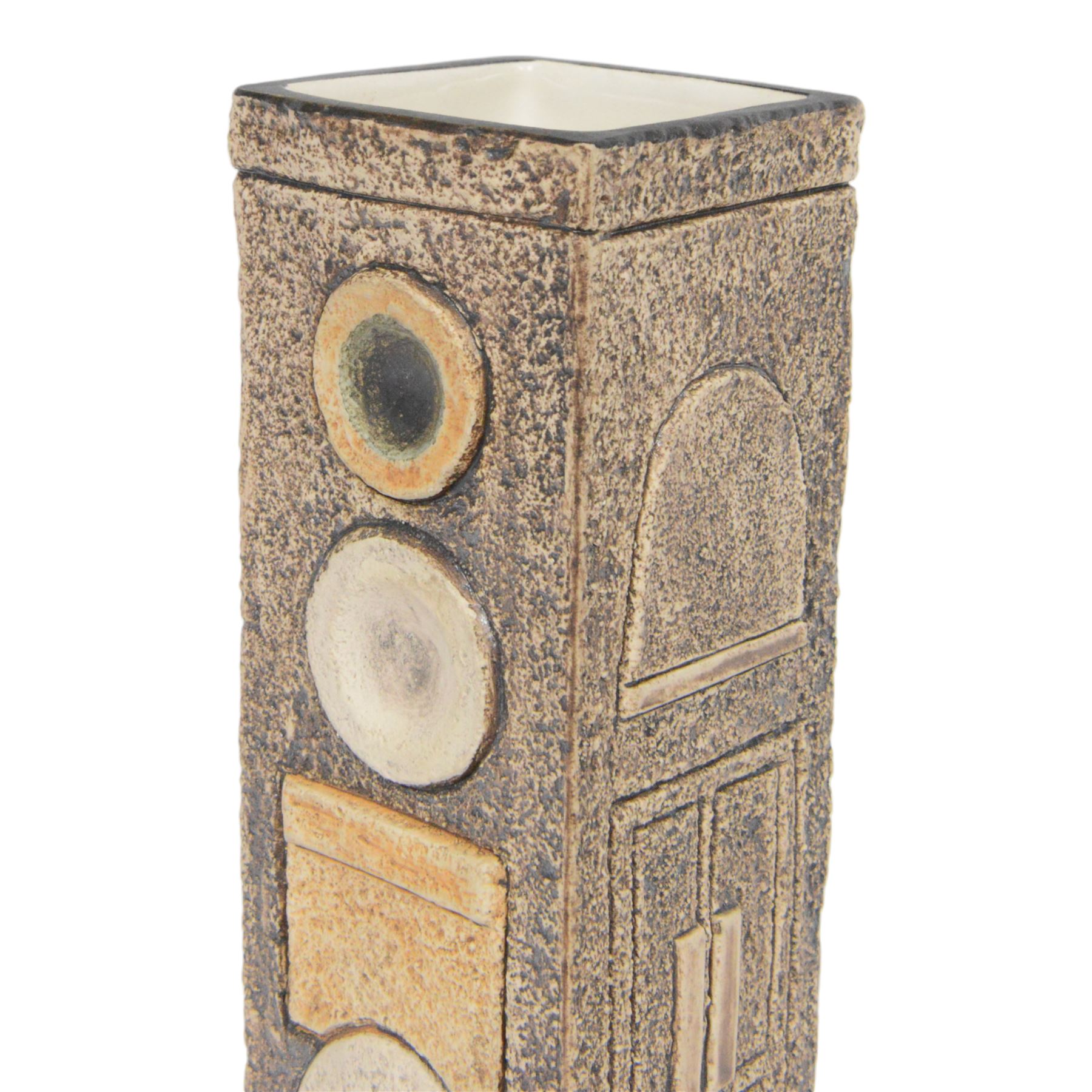 Avril Bennet for Troika Pottery, rectangular form vase with incised geometric decoration, signed to base, H23cm 
