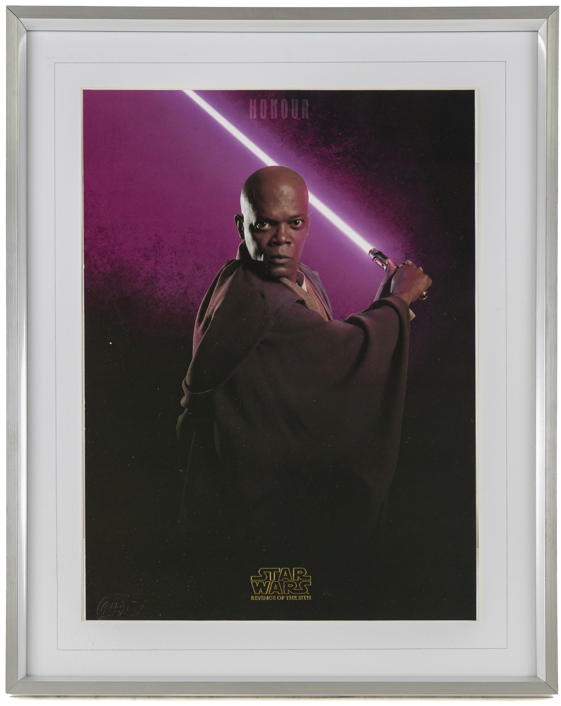 Five framed Cards Inc Star Wars Revenge of the Sith prints, comprising Mace Windu, Yoda, C-3PO, Darth Vader and R2-D2, the R2-D2 example signed by actor Kenny Baker, together with a collection of six smaller limited edition Star Wars art prints, largest H39cm (11)