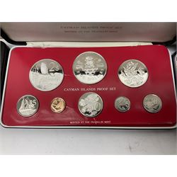 First National Coinage of Barbados 1973 proof eight coin set, from ten dollars to one cent, the ten dollar coin minted in sterling silver, the five dollar coin minted in 800 silver, and a Barbados 1974 proof eight coin set, both minted at The Franklin Mint, cased with certificates; two Republic of Malta decimal proof coin sets, dated 1978 and 1979, the 1979 one pound coin minted in sterling silver, both minted at The Franklin Mint, cased with certificates; Cayman Islands 1973 proof eight coin set, minted at the Royal Canadian Mint, cased; and a Cayman Islands 1979 proof eight coin set, the five dollar to fifty cents coins each minted in sterling silver, minted at the Franklin Mint, cased with certificate (6)