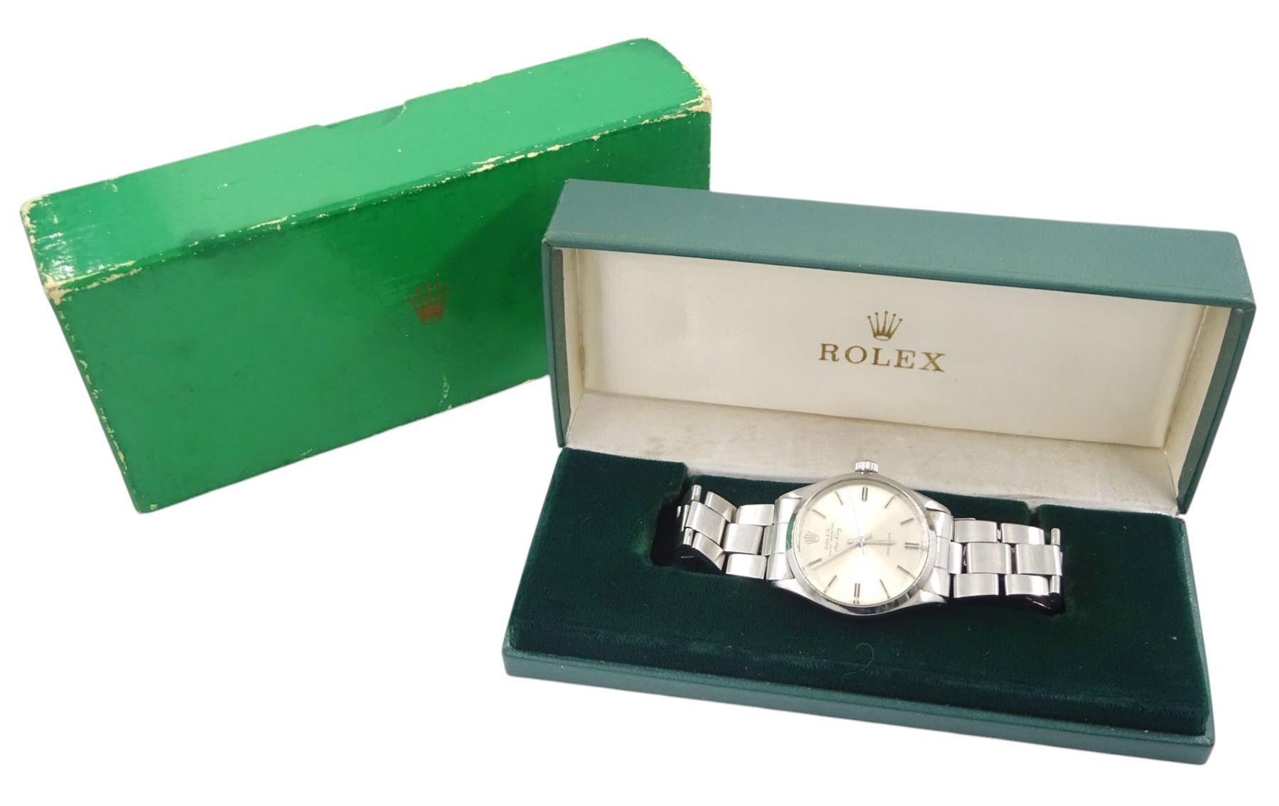 Rolex Air-King Precision gentleman's stainless steel automatic wristwatch, Ref. 5500, serial No. 2275678, silvered dial with baton hour markers, on Rolex Oyster stainless steel bracelet, with fold-over clasp, boxed