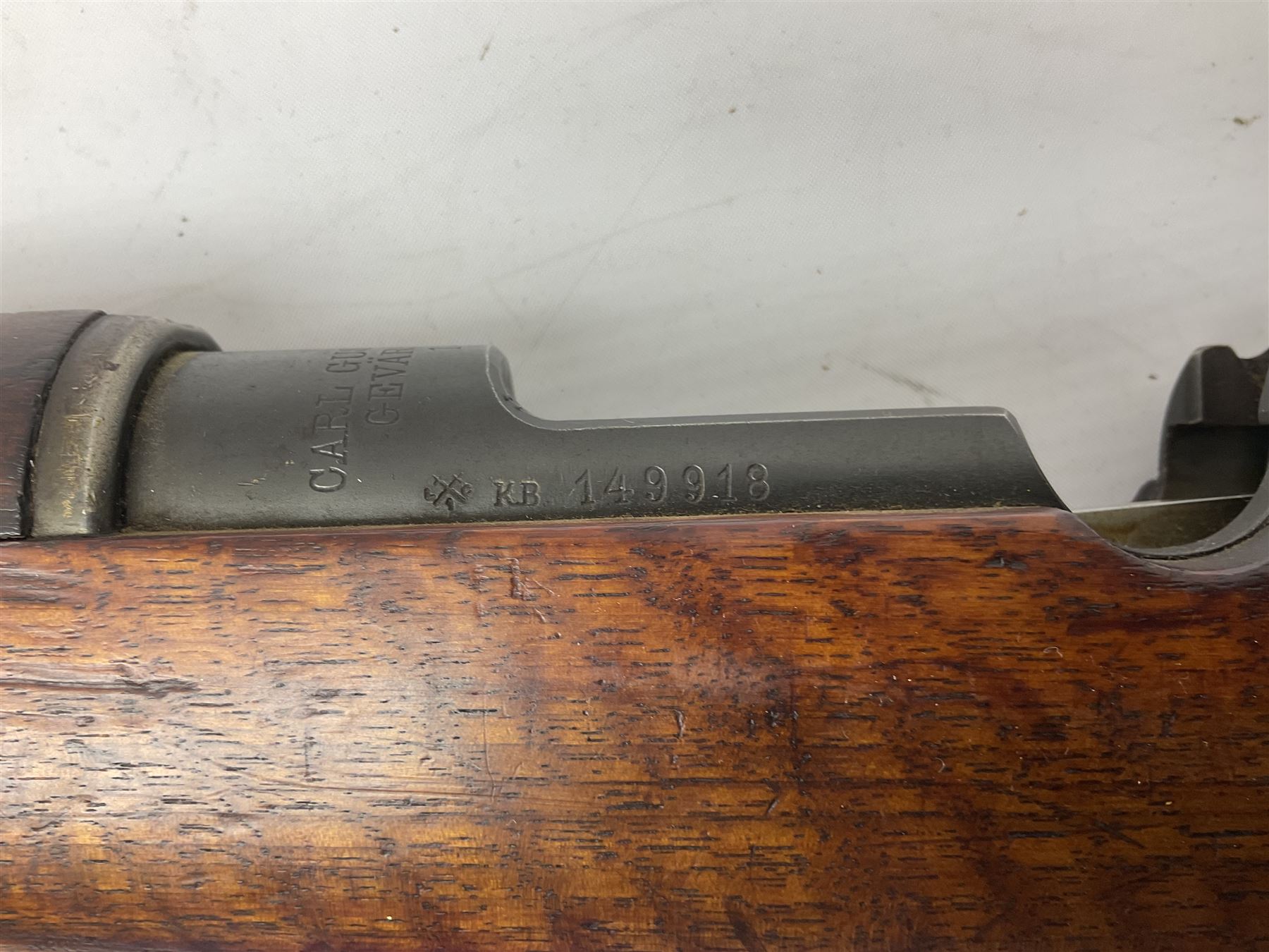 Early 20c Swedish 6.5mm bolt-action service rifle inscribed Carl Gustafs Stads Gevarsfaktori 1904; with 74cm barrel and original Model 1896 knife bayonet with scabbard No.149918 L149cm overall. Deactivated to early specification so requires re-deactivation to modern standards SECTION 1 RFD ONLY