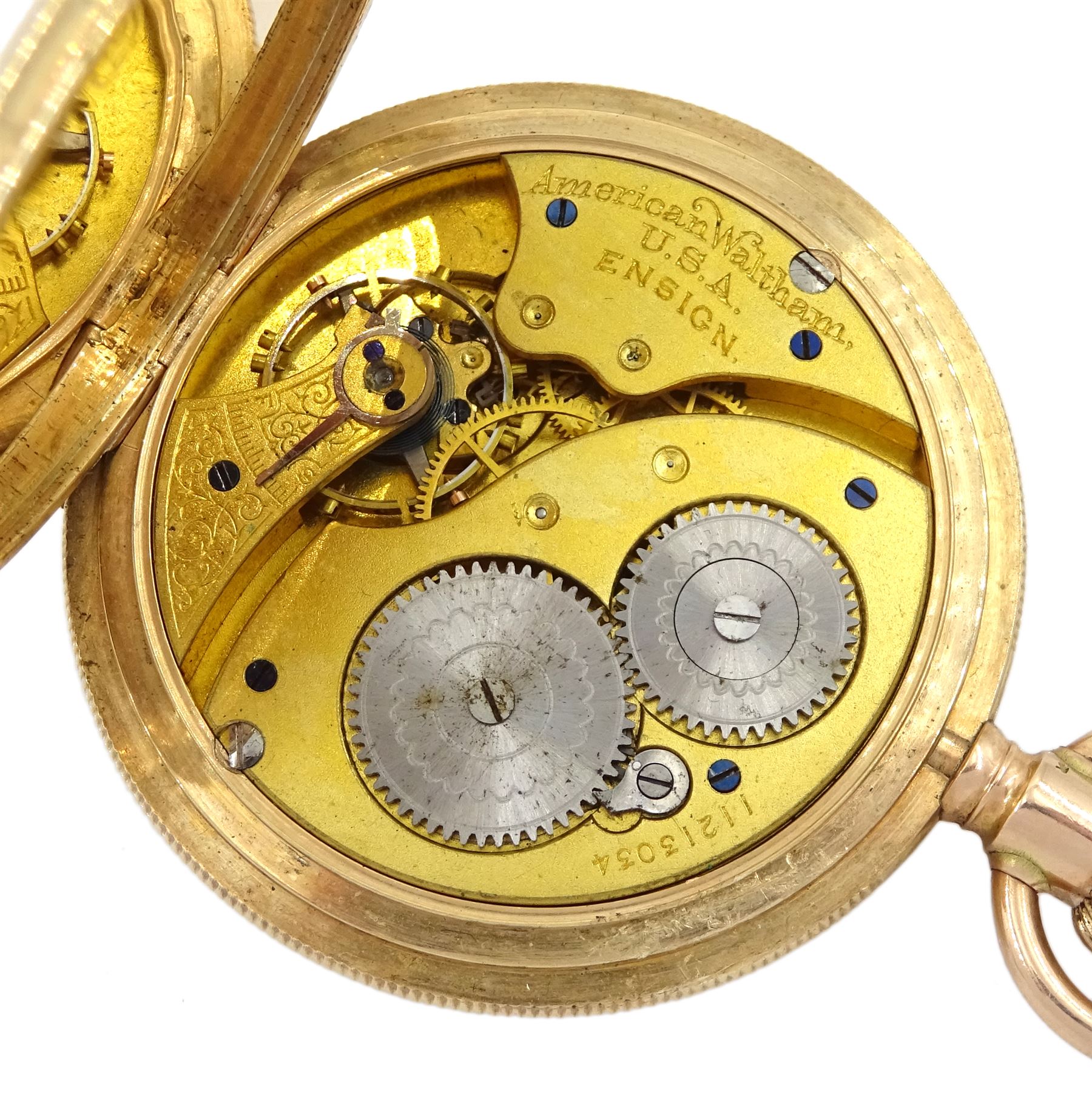 Early 20th century 10ct gold full hunter keyless lever 'Ensign' pocket watch by American Watch Company, Waltham, No. 11213034, white enamel with Roman numerals and subsidiary seconds dial, case makers mark AL stamped 10C, later hallmarked 9ct by Sheffield Assay Office, 2015