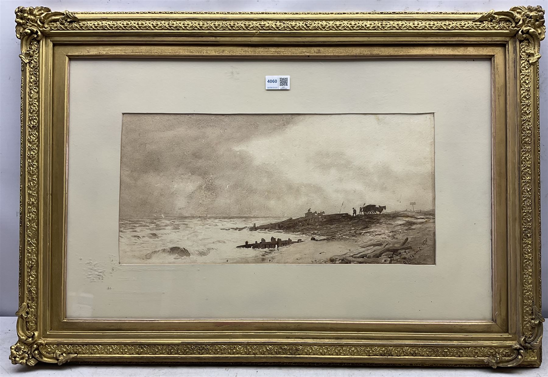 George F. Glennie (British fl.1861-1882): 'Coast Nr. Rye' & 'Pett Level Sussex',  pair monochrome watercolours signed and dated 1875, original title labels verso 24cm x 49cm (2)