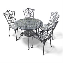 Cast aluminium garden table and four chairs in dark grey