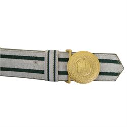 WWII Third Reich Nazi German Officers ceremonial/parade uniform belt, olive green fabric with silver aluminium bullion thread panels, the gilt metal central buckle depicting the Nazi eagle and Swastika surrounded by oak leaves