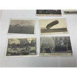 Collection of twenty six postcards depicting Airships/Zeppelins, including two pairs depicting the tragedy of the R.38. wrecked over Hull August 24th 1992, many unused.