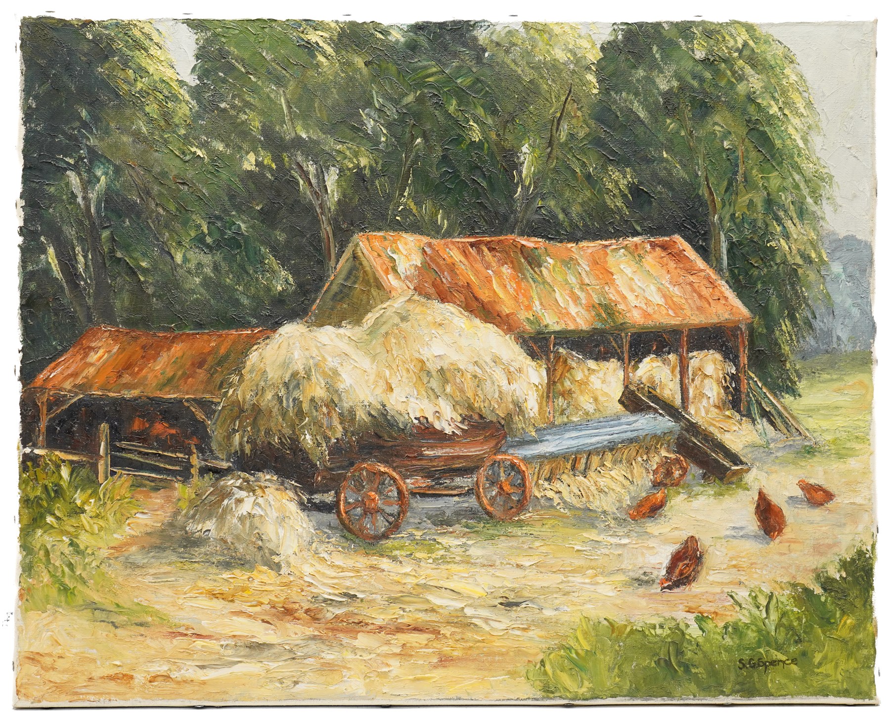 S G Spence (British early 20th century): Impressionist Farm Outbuilding Scene, oil on canvas signed 40.5cm x 50.5cm (unframed)
