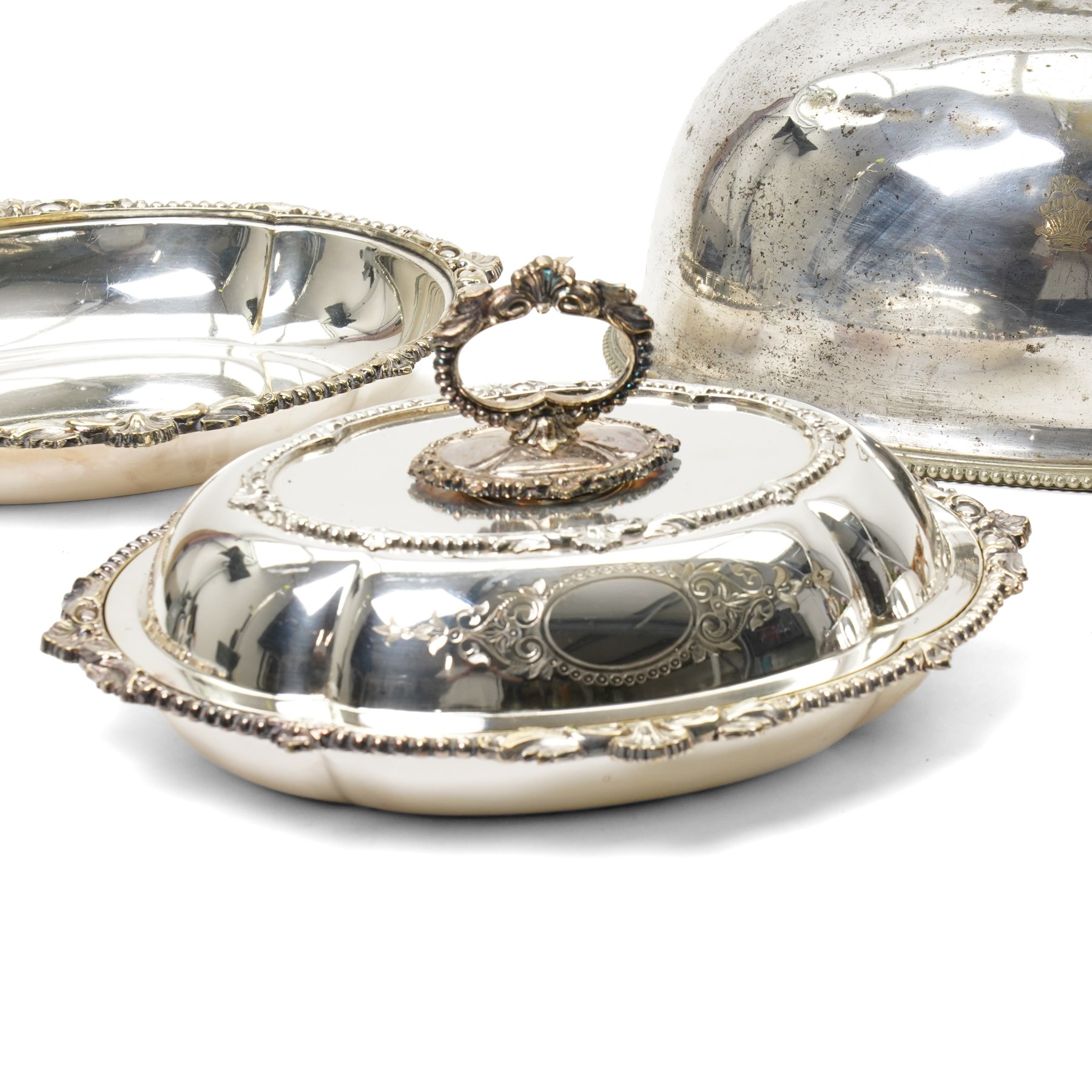 Pair of silver plated oval entree dishes and covers with bead edge and shell moulded borders and engraved covers and matching chafing dish by Martin Hall & Co and a plated meat cover