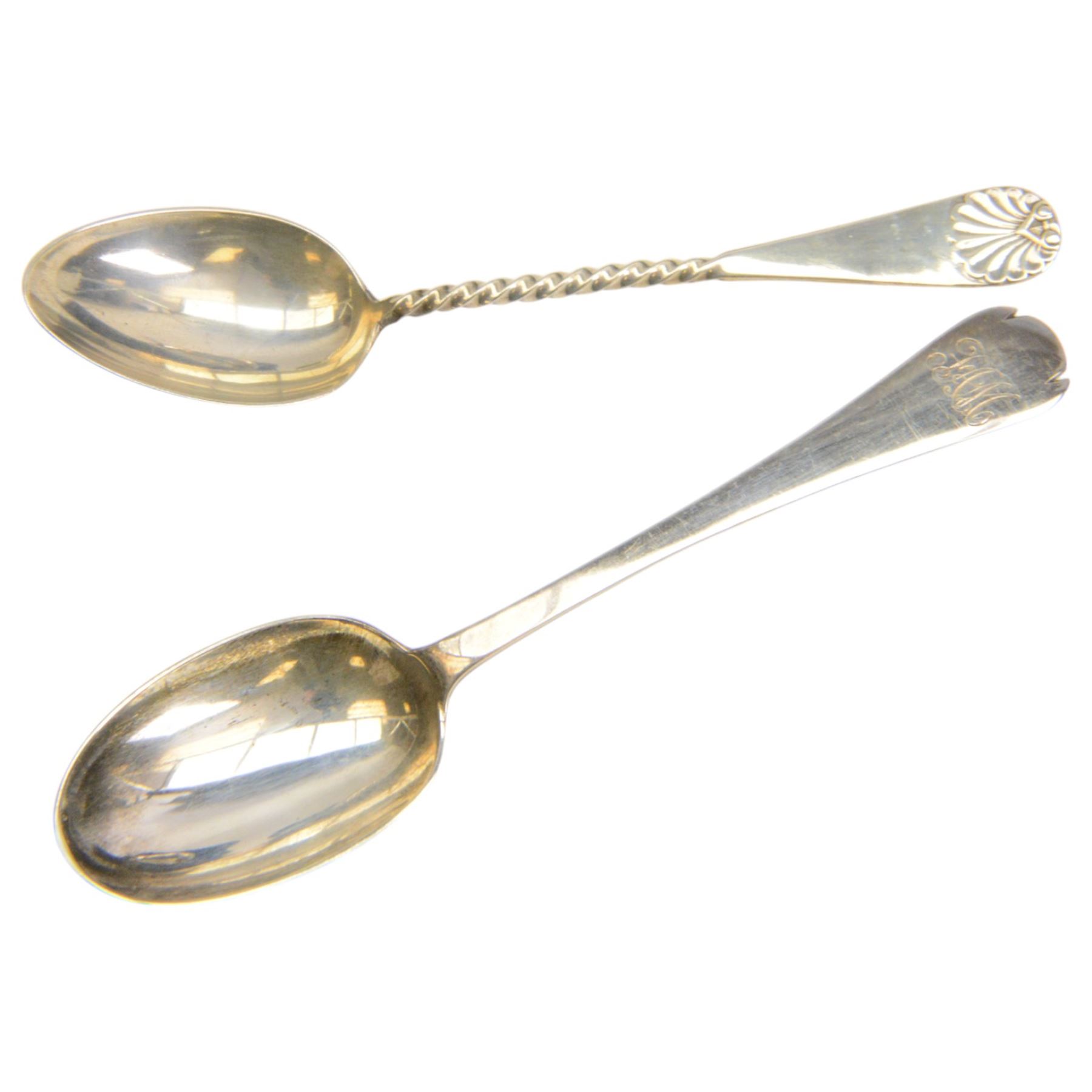 Two Victorian silver Christening sets, the first a twin handled porringer with presentation engraving to body and a matching spoon with rattail bowl, hallmarked Wakely & Wheeler, London 1898, the second example with circular part fluted bowl and matching spoon with twist handle and palmette finial, hallmarked Martin, Hall & Co, London 1884, both contained within tooled leather cases with fitted blue velvet and silk interior