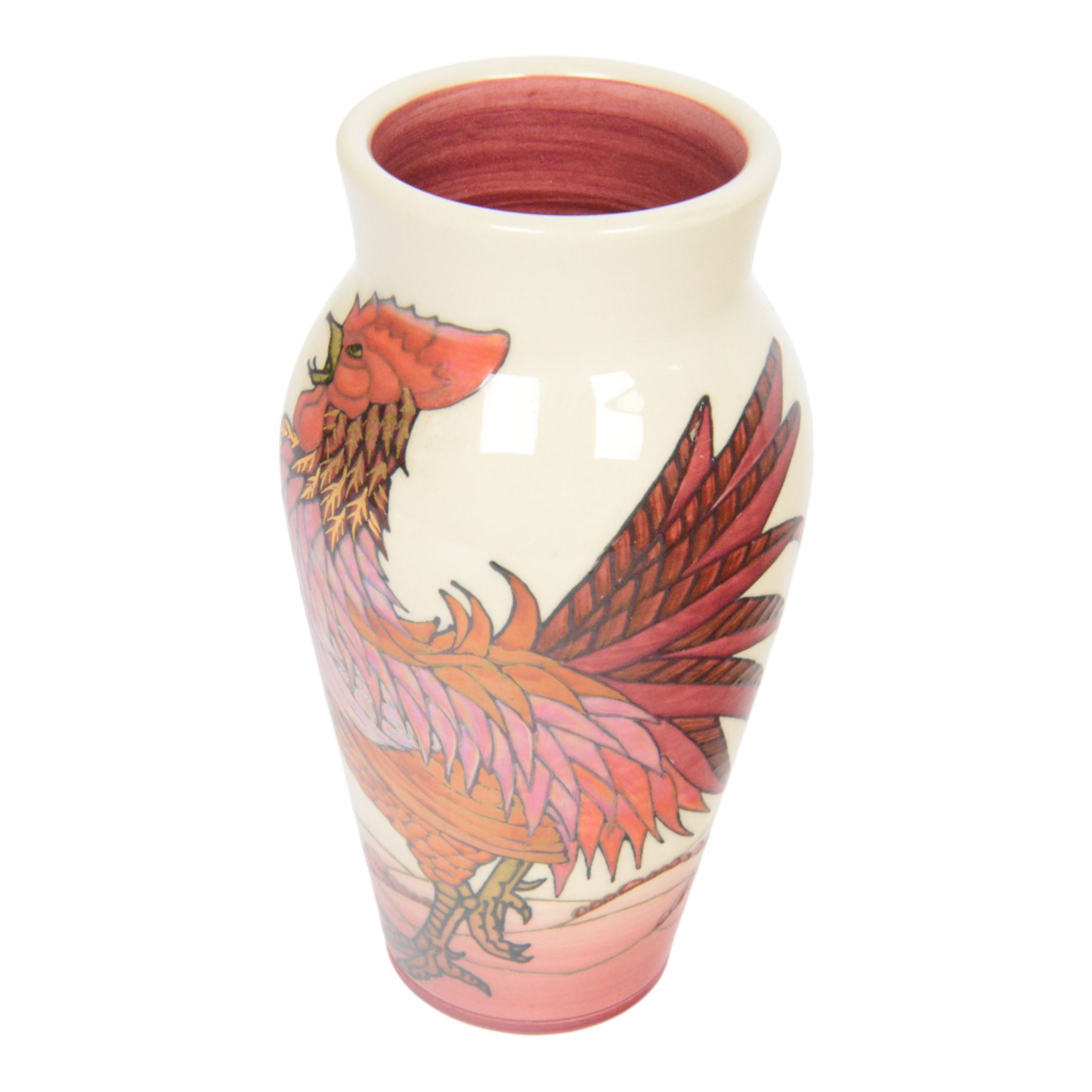 Dennis Chinaworks, Cockerels vase, dated 2005, baluster form decorated with red lustre cockerels on a white ground, limited edition 5/25, printed and painted marks beneath, H21cm