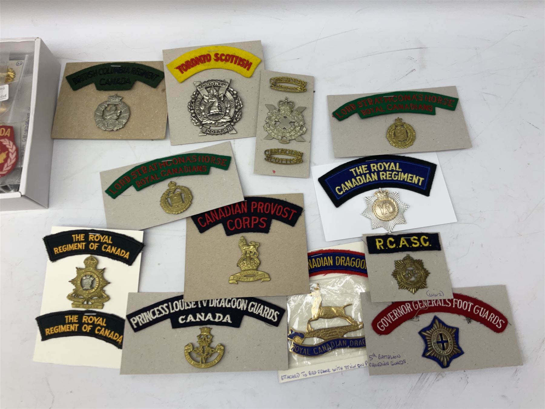 Canadian metal and cloth badges, including Princess Patricias Canadian Light Infantry, Ontario Regiment, 29th Waterloo Regiment, Grenadier Guards, Logistics, Combined Services, Saskatchewan Dragoons, Irish Regiment of Canada, Sakatoon Light Infantry etc