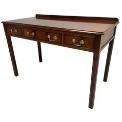 Georgian design mahogany side or dressing table, moulded rectangular top over three cock-beaded drawers, on square fluted supports