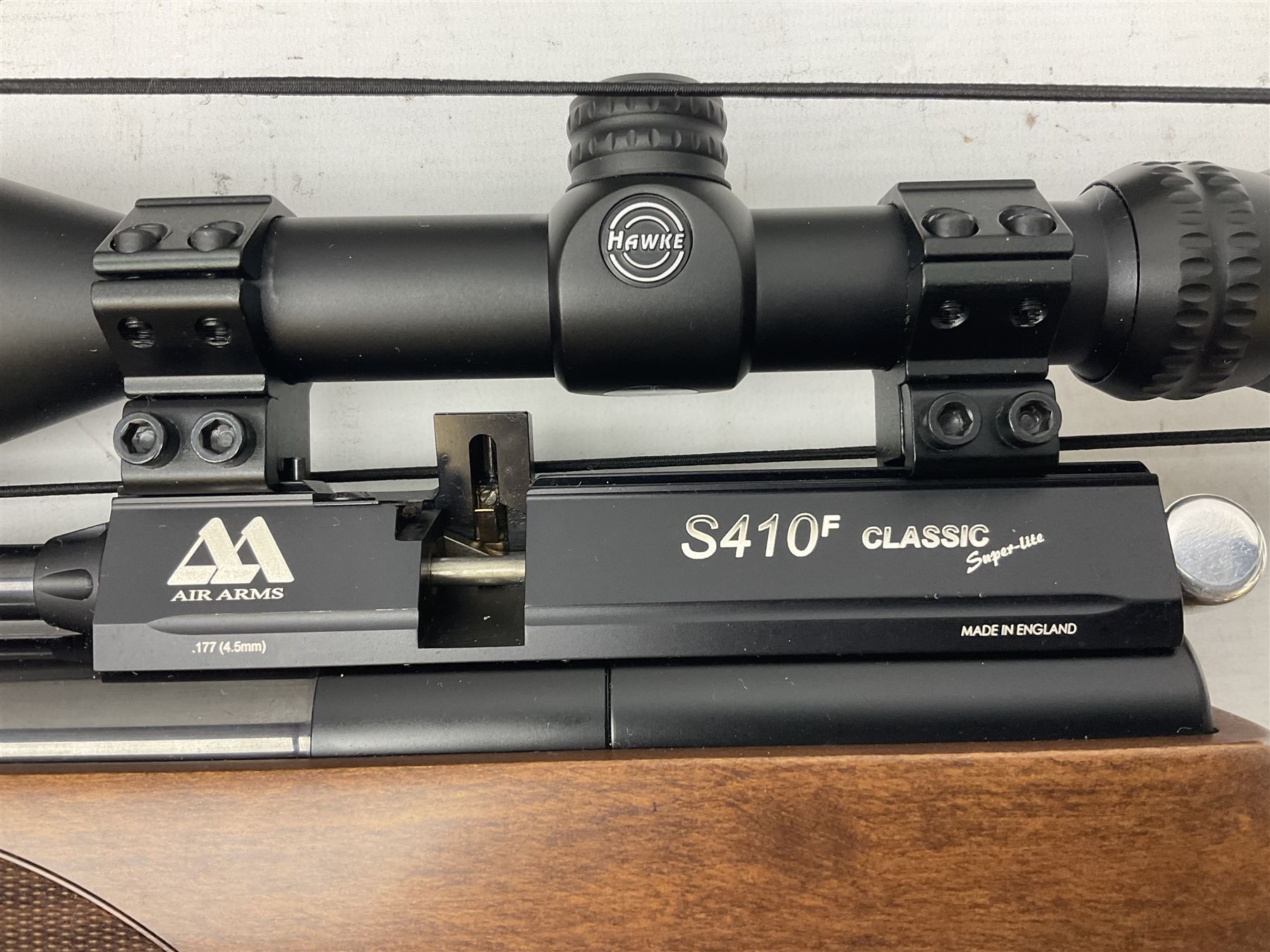 Air Arms Model S410F Classic .177 multi-shot compressed air rifle with bolt action, underside pressure gauge, chequered pistol grip, moderator and Hawke Sport HD 3-9x50 scope L112cm; in Anglo Arms camouflage sleeve with spares, tool kit, magazine and instruction manual