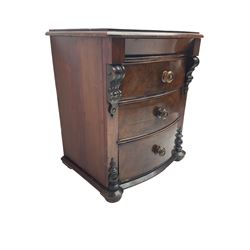 Small narrow Victorian mahogany chest, fitted with secret frieze drawer over three drawers, carved corbels 