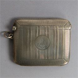 Two silver vesta cases, comprising early 20th century example with engine turned decoration, engraved 'J'espere' (I hope), hallmarked William Neale & Son Ltd, Birmingham 1912 and a small rectangular example with engraved decoration and initials, together with a small silver box, of plain circular form and a small silver scent bottle, all with import marks or A