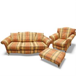 Late 20th century traditional three-seat sofa, armchair and matching footstool, upholstere...