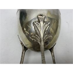 Silver plated egg coddler with Hen finial and clawed feet, H24cm