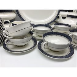 Royal Doulton Sherbrooke pattern part dinner and tea service, to include teapot, ten twin handled soup bowls and saucers, two serving platters, three twin handled covered dishes etc (63)  