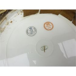 Pair mid 19th century Sevres porcelain plates, with gilt Louis Phillippe crowned monogram to centre upon a white glazed ground, with blue crowned LP mark, iron red destination mark for Chateau D'Eu, and chrome green cancelled potting mark S67 beneath, in carved oak mounts, overall D34cm
     