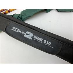 Quantity of fly and sea fishing rods and accessories, to include Shakespeare Boat 210 rod, Daiwa rod and others, and Guang Zhao FLD9000 course fishing reel, Beachmaster 7000FD, Rimfly II amd Penn Super Mariner, tackle etc