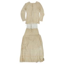 Two Edwardian childrens or ladies bodices and skirts, in cream with panels of contrasting  lace detailing (2)