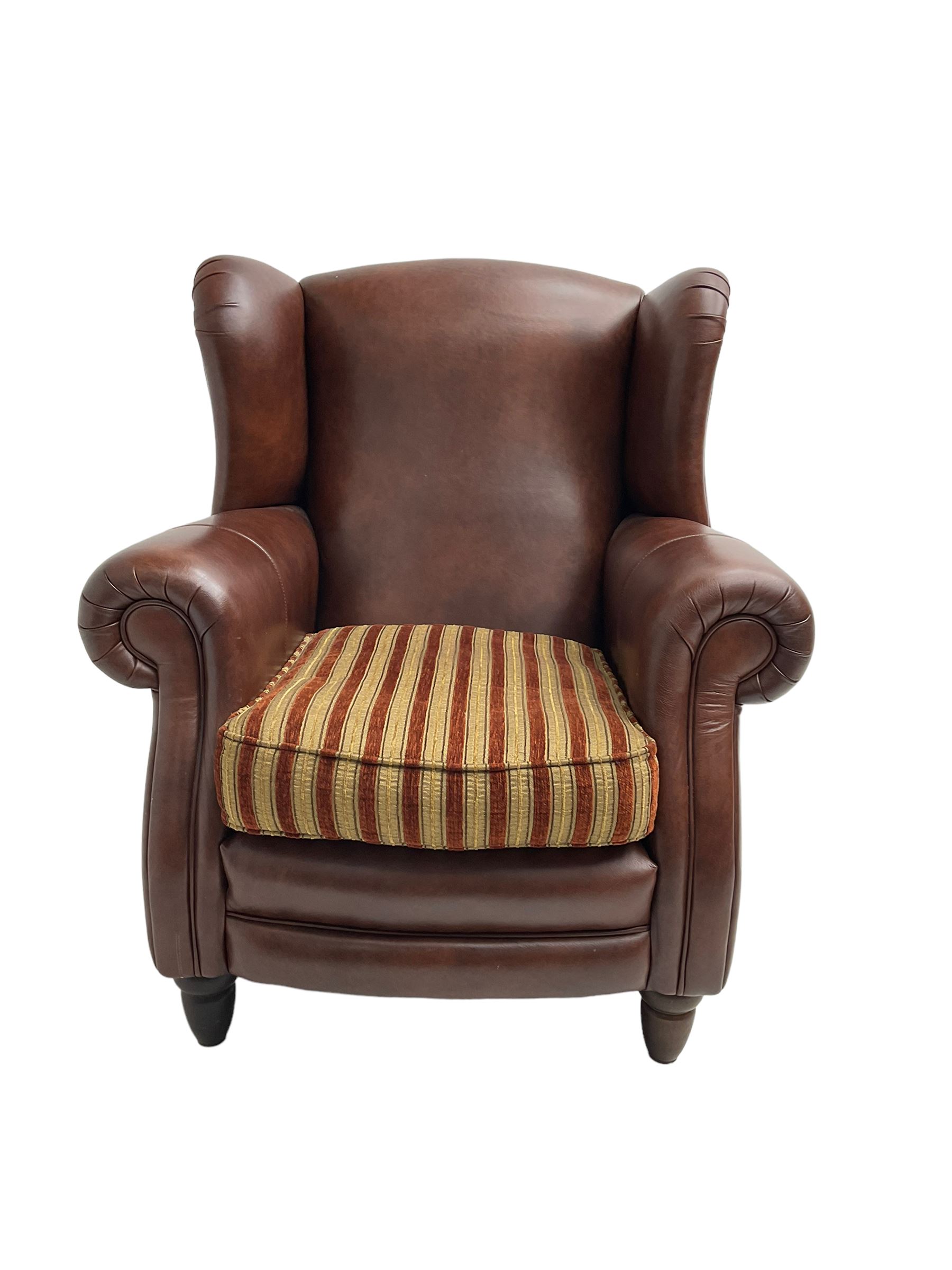 Gainsborough Lounge Suites - three piece leather and fabric lounge suite - pair two seat sofas (W225cm, H82cm, D105cm), and matching armchair (W88cm), on turned front feet with scatter cushions