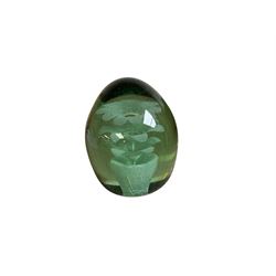Victorian green glass dump paper weight with flower inclusion, H11cm 