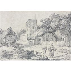 George Morland (British 1763-1804): Figures Outside a Country Church, pencil with washed border signed 18cm x 26cm