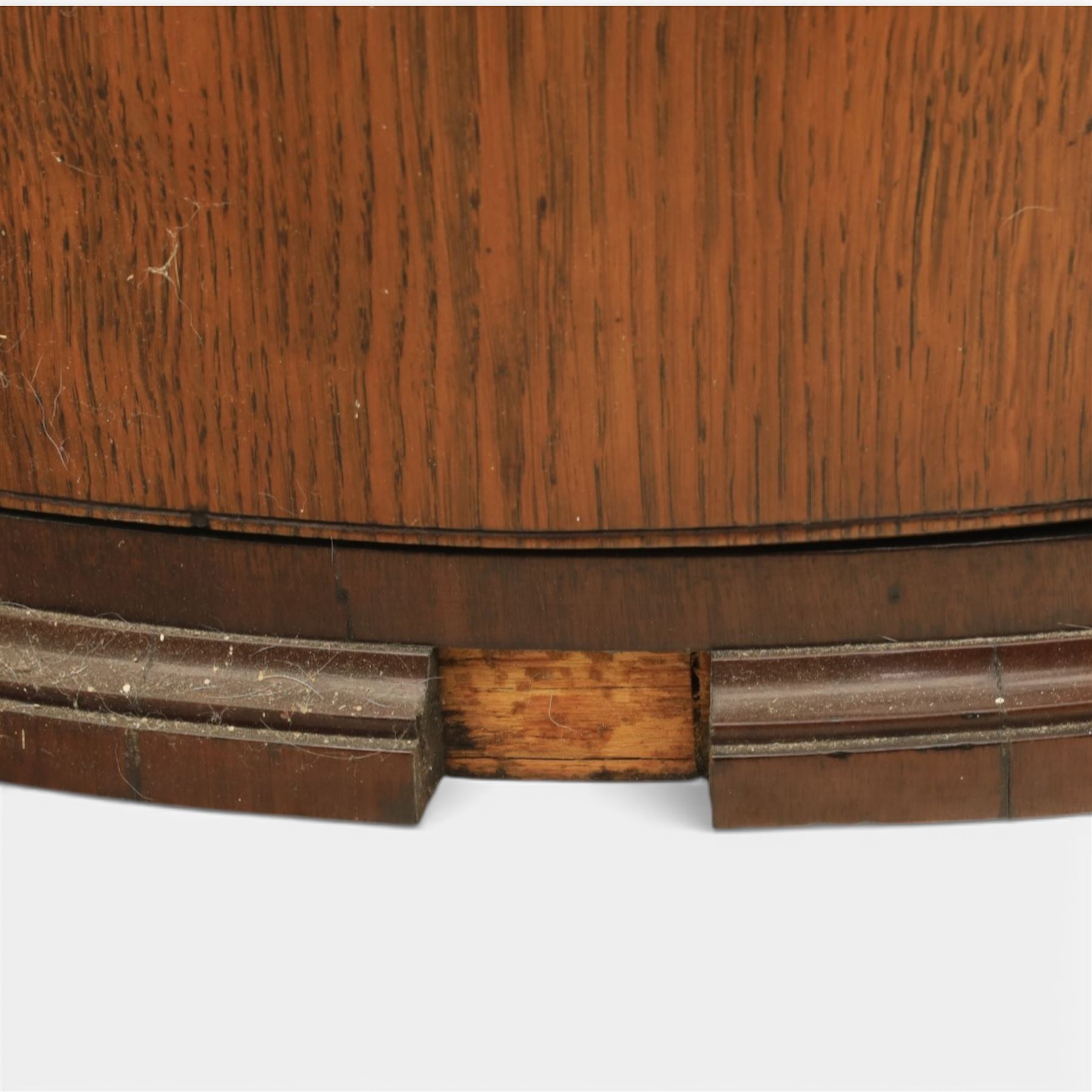 George III oak and mahogany wall hanging cylinder corner cupboard, moulded cavetto cornice over double cupboard enclosing three shelves