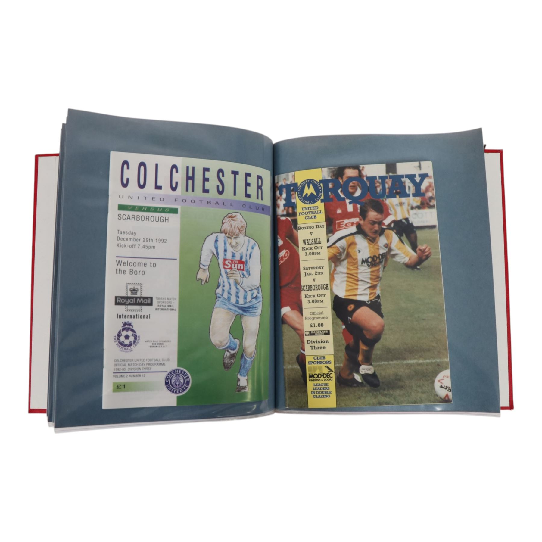 Comprehensive collection of approximately one hundred and seventy Scarborough FC football programmes for the 1990/91, 1991/92 and 1992/93  seasons, all filed within six dedicated Scarborough FC red Home and Away binders