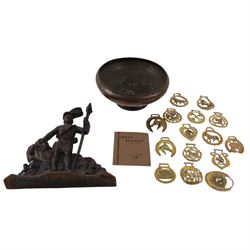 Cast iron door stop, together with copper bowl and horse brasses 