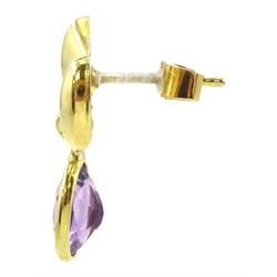 Pair of 18ct gold oval amethyst bow pendant stud earrings, stamped 750