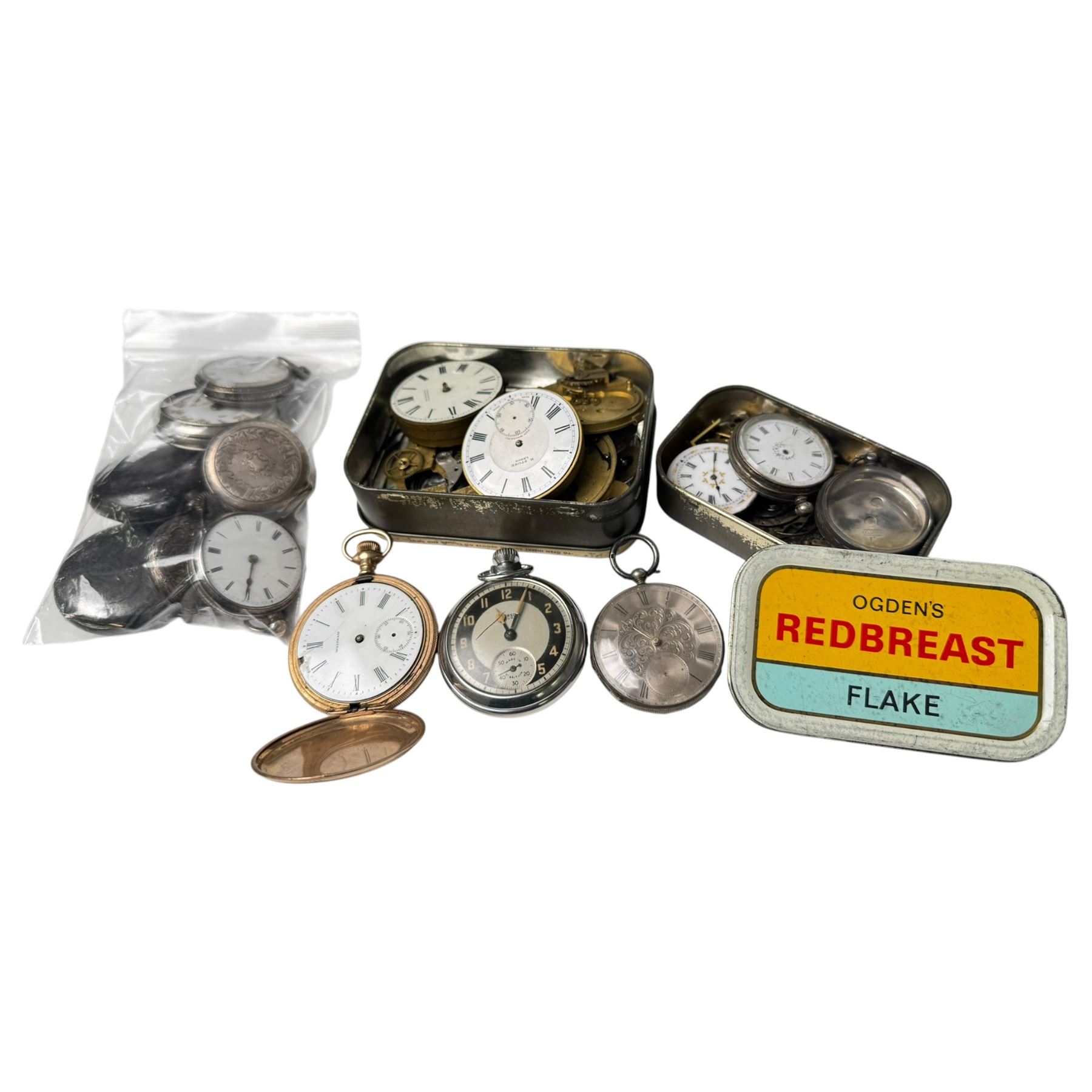 Collection of pocket watches and parts including four silver cased, two 8 Days and an alarm