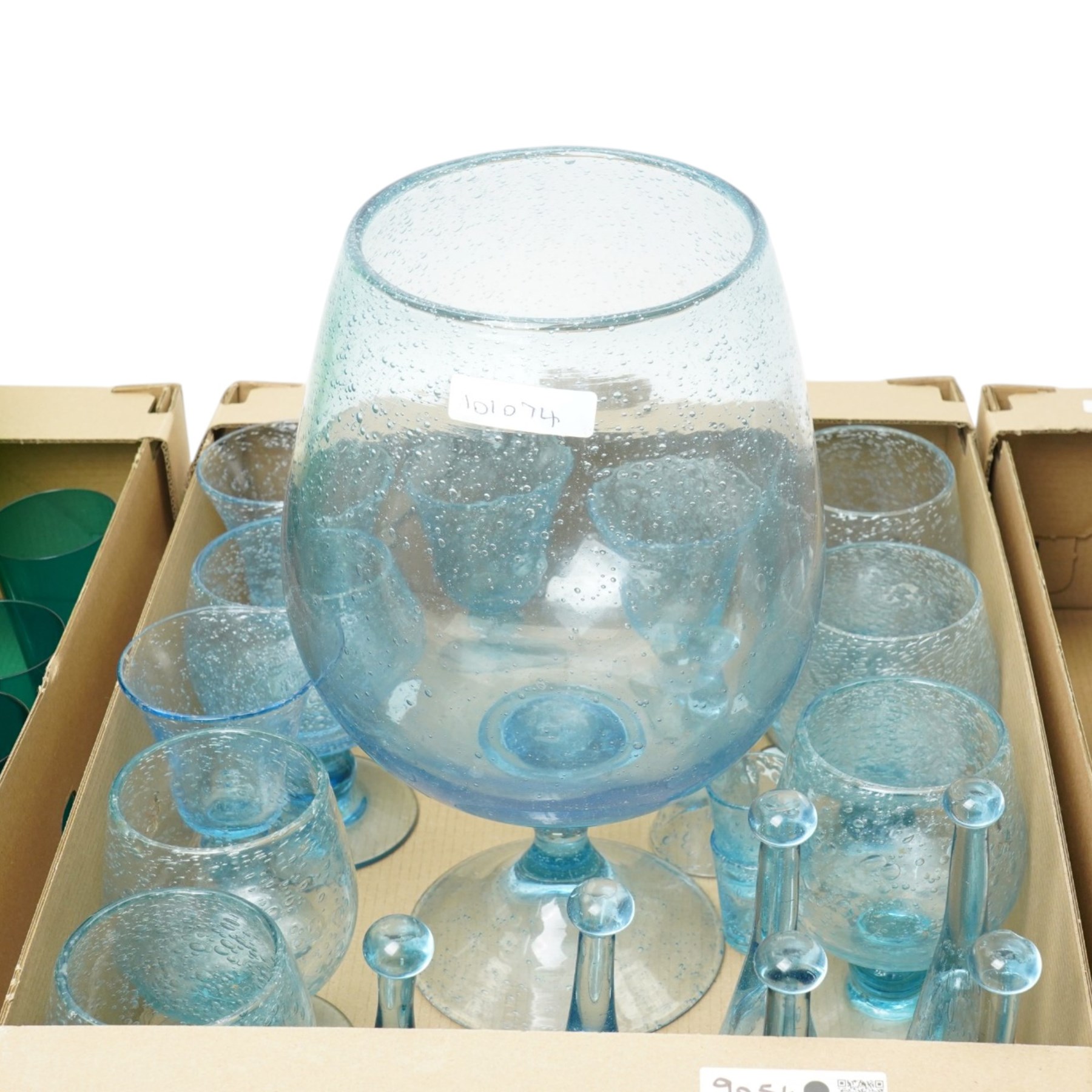 Collection of French blue and pink bubble glass items from La Verrerie de Biot 