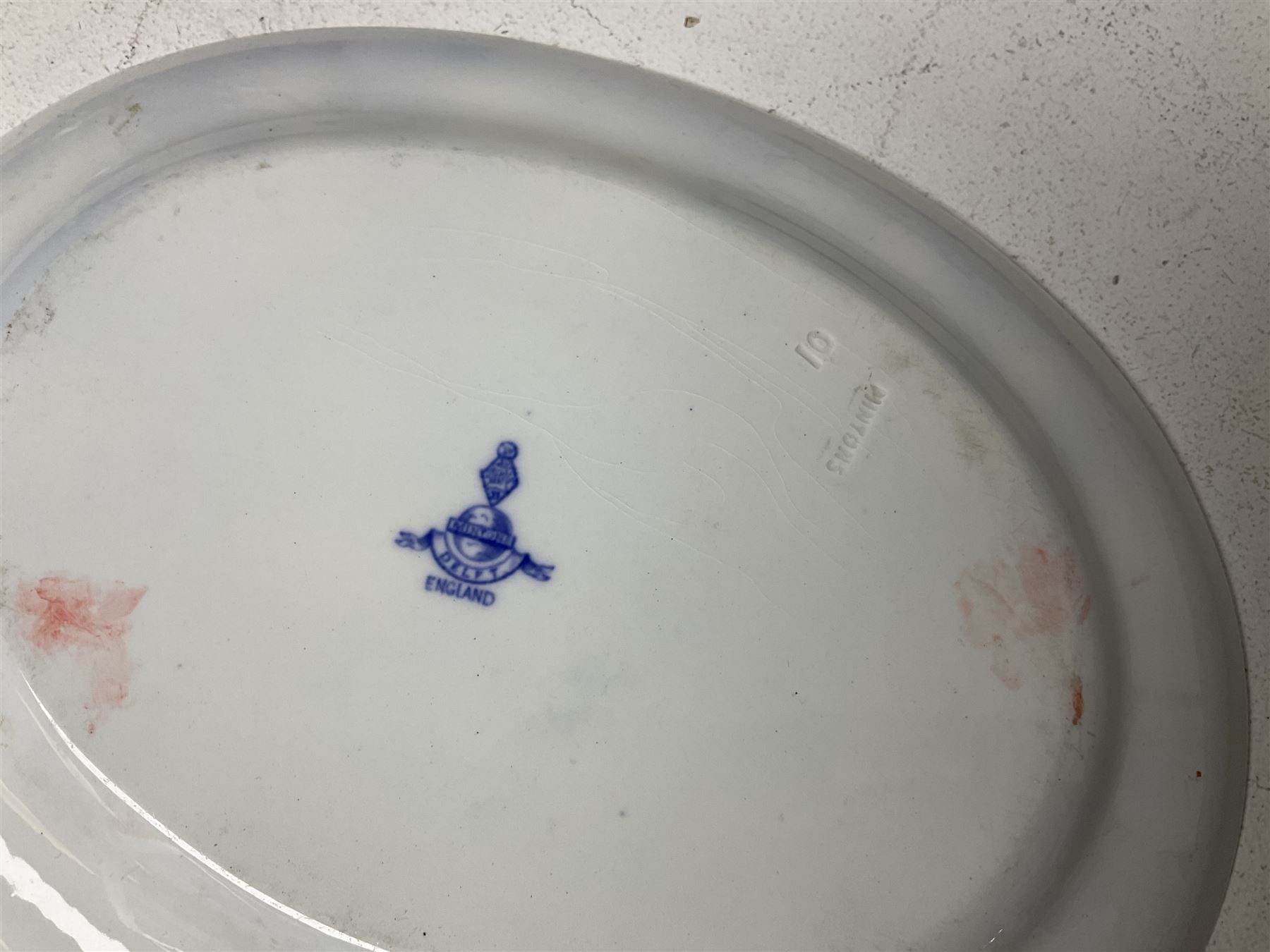 Mintons Delft blue and white dinner wares, to include three graduating oval platters, six dinner plates, six dessert plates and six side plates, tureen with cover and two sauce boats