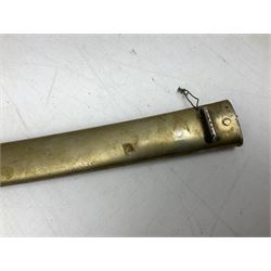 French Model 1866 sabre bayonet with 57cm fullered steel curving blade; in steel scabbard L71cm overall; another Model 1866 sabre bayonet lacking scabbard; and British Pattern 1856 sword bayonet (no scabbard) (3)