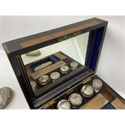 Victorian walnut vanity case with fitted interior, lift-out tray and sprung secret drawer, with silver and silver plated contents, H18cm
