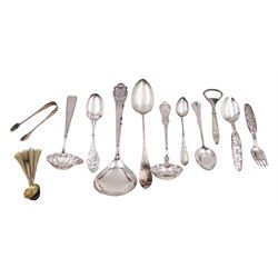 Collection of Norwegian silver flatware, including a set of six silver-gilt demitasse spoons, by David Andersen, stamped D-A 830s and a serving spoon, the pierced terminal with two doves, engraved with initial K and dated 10.09.32 verso, stamped 830s, etc