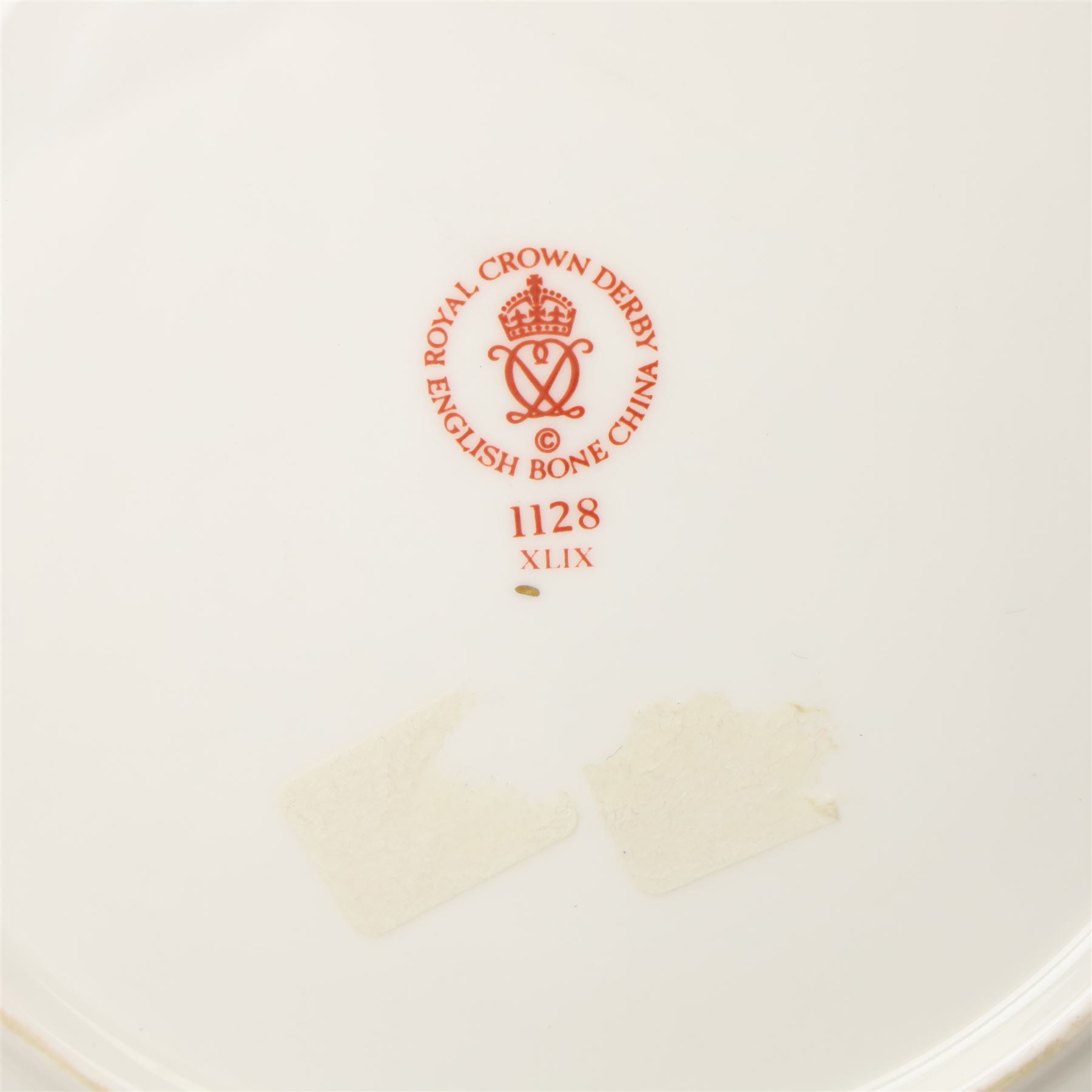 Royal Crown Derby pattern 1128 wares, comprising covered sucrier, milk jug, pair of coffee cans and saucers, teacup and saucer two small plates (D18cm) and one dinner plate 