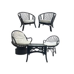 Mid-20th century conservatory suite: pair ebonsided bamboo tub shaped armchairs, with circular white loose seat cushion (W75cm H75cm); and matching square coffee table with glazed top (W51cm H45cm); and egg chair and smaller chair (5)