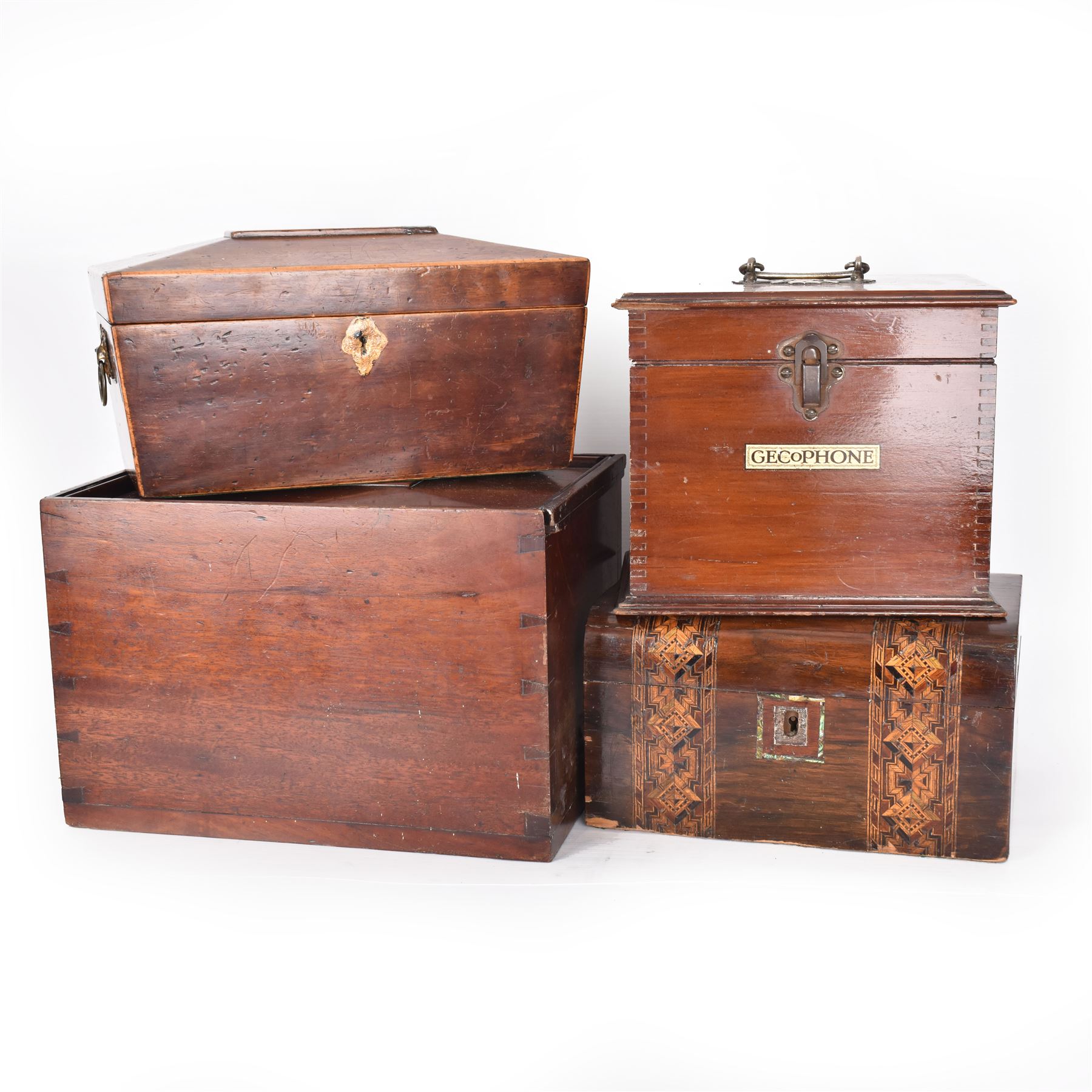 19th century sarcophagus shaped wooden box with griffin handles, mahogany box, inlaid box and gecophone wooden box 