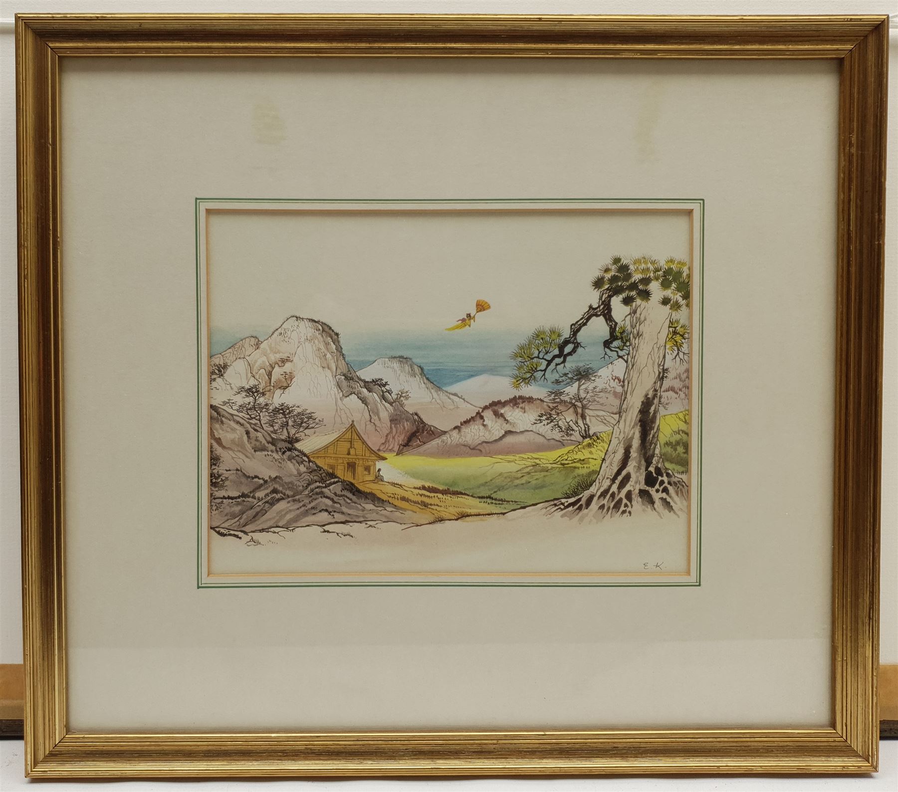 John Armstrong (British 1924-2018): Ride of the Valkyries, watercolour unsigned 37cm x 53cm; Eric Kincaid (British 1931-): 'The Japanese Princess', watercolour signed with initials, titled on exhibition label verso 16cm x 21cm (2) 
Provenance: Armstrong with Sulis Fine Art, label verso. Probably a sketch for a book illustration.