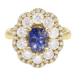 18ct gold radiant cut Ceylon sapphire and round brilliant cut diamond cluster ring, hallmarked, sapphire approx 1.20 carat, total diamond weight approx 1.40 carat