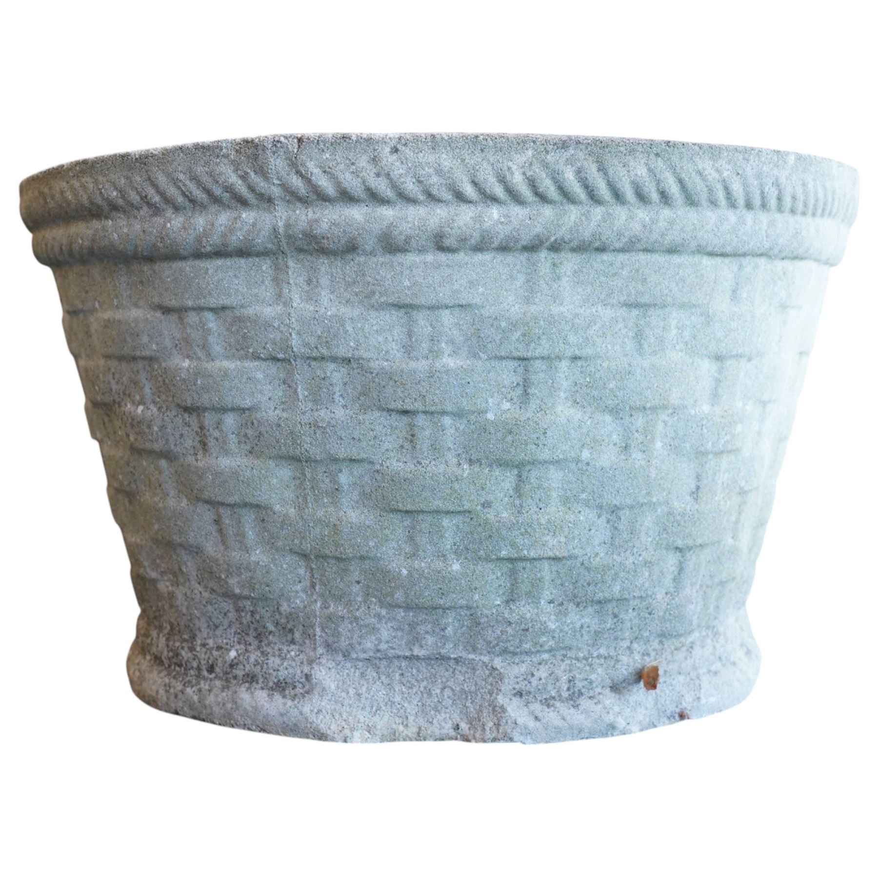 Cast stone basket weave rectangular planter, together with two circular stone planters with basket and rope design 