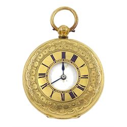 Victorian 18ct gold half hunter ladies key wound cylinder pocket watch, white enamel dial with Roman numerals, back case engraved and engine turned with flower decoration, stamped 18K