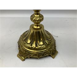 Brass bankers lamp with green glass shade on ornate base, H35cm